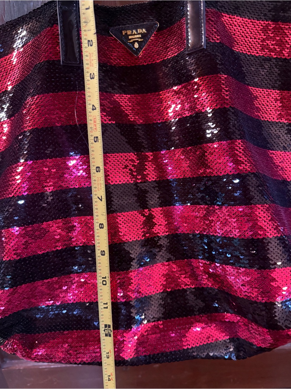 PRADA Sequin Tote Bag Nylon Black & Hot Pink with zip pocket inside - Picture 8 of 9